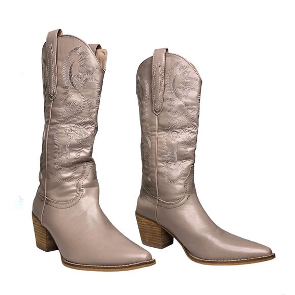 ARiderGirl Western Style Knee High Stacked Heel Boots Tan Taupe Embroidered 10 - Picture 1 of 12